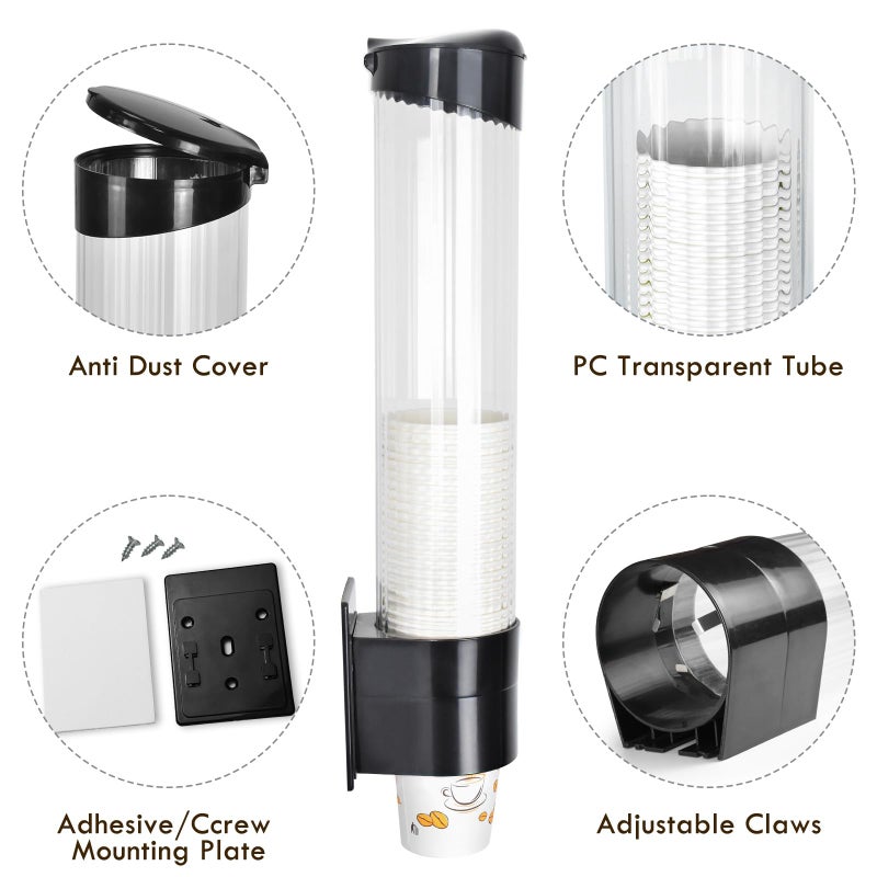 LBTING Cup Dispenser, Water Cooler Pull Type Cup Holder Fits 7oz - 12oz Cone or Flat Bottom Cups, Paste or Screw Plate Wall Mount, 16.9" Tube Length Black - Image 3